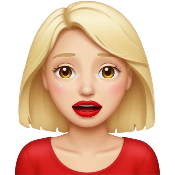 blonde having crying emoji tears (water-emoji) from hard laughter. really happy in general, happy eyes. red lipstick emoji