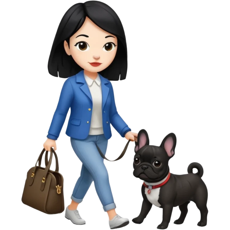 Mujer de pelo negro paseando un bulldog francés  emoji