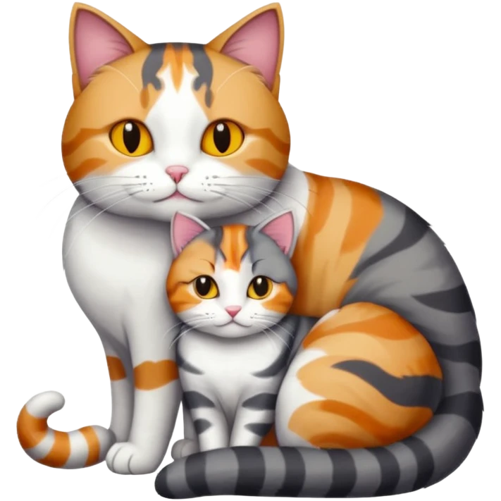 full body colourful light patched calico + white tabby cat cuddling a bigger cat that is dark grey and white tabby cat  and they are in love emoji