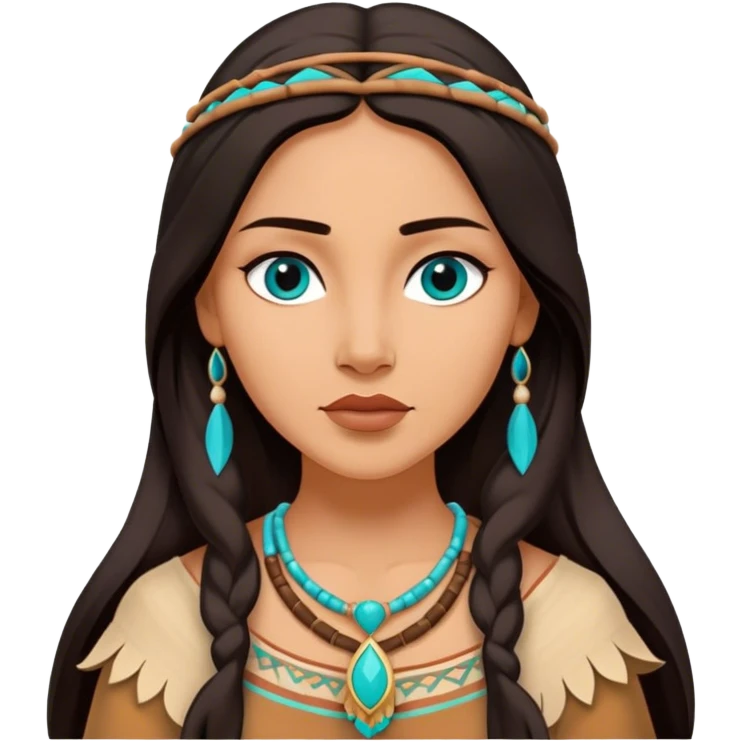 Cinematic Elegant Pocahontas Portrait Emoji, rendered in a realistic, vector-style with minimal shading and bold, simplified shapes. Depict Pocahontas (chest and above) with warm, sun-kissed skin, long, flowing dark hair, and gentle, wise eyes, wearing traditional attire in earthy tones with hints of turquoise. The image glows with a soft, natural radiance and high shine, embodying timeless indigenous beauty. emoji