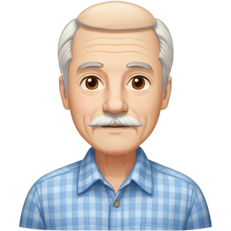 Man in his 70s with fair skin and gentle wrinkles. Long face with warm smile. Soft light brown eyes. Thin gray eyebrows. White goatee beard connected to mustache. Straight white hair combed back, longer on sides. Wearing a light blue and beige checkered button-up shirt. emoji