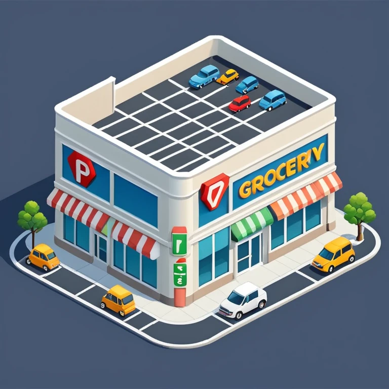 Isometric grocery store building with large windows, parking area, and store signage emoji