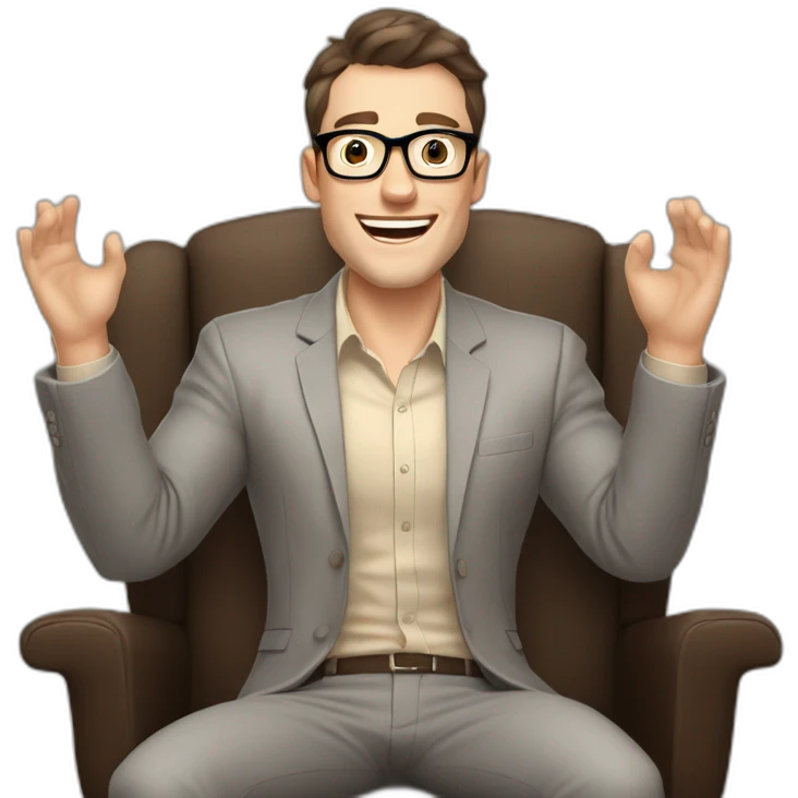 Joyful Celebrating victory Hands up Pale skinned Fit Man With dark brown hair in gray jacket, beige office shirt, Brown pants and vintage glasses sitting In a soft chair emoji