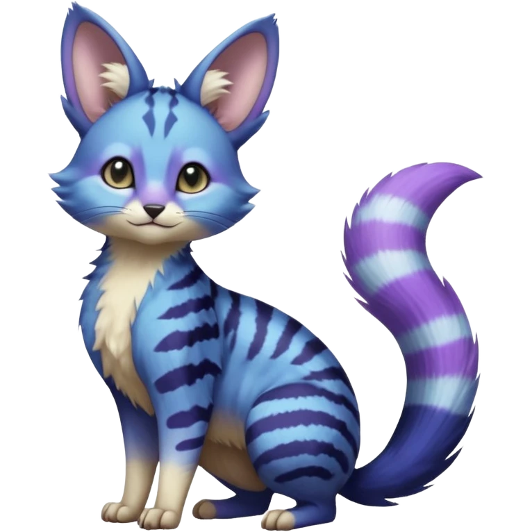 Blue-indigo-purple-violet-gradients divine beautiful elegant pretty precious cute young youthful  Fakémon-Pokémon-alien-opossum-feline-serval-caracal-chinchilla-Minccino-hybrid-creature with a big fluffy bushy striped tail (full body) emoji