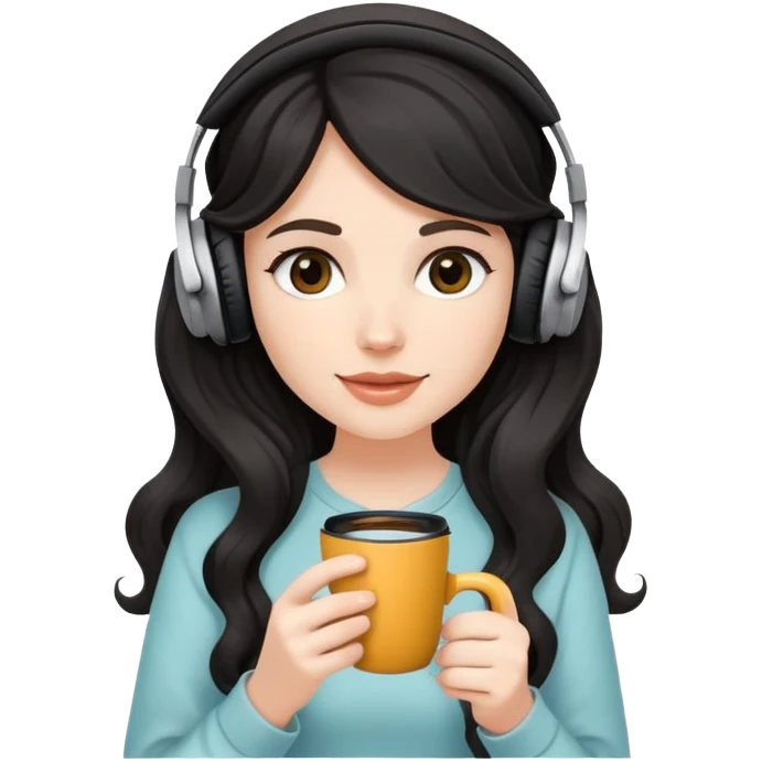 A white girl with black wavy long hair, wearing headphones on her head and holding coffee in her hand SHe has delicate facial features emoji