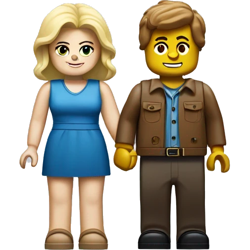 a fat blonde girl and brown-haired boy as lego people holding hands emoji