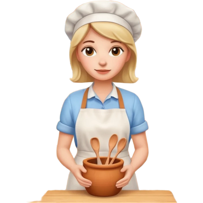 cartoon Apple iOS emoji style woman, pastel colors, Chilean wooden kitchen background, clay pots, warm light, detailed and clean vector art emoji