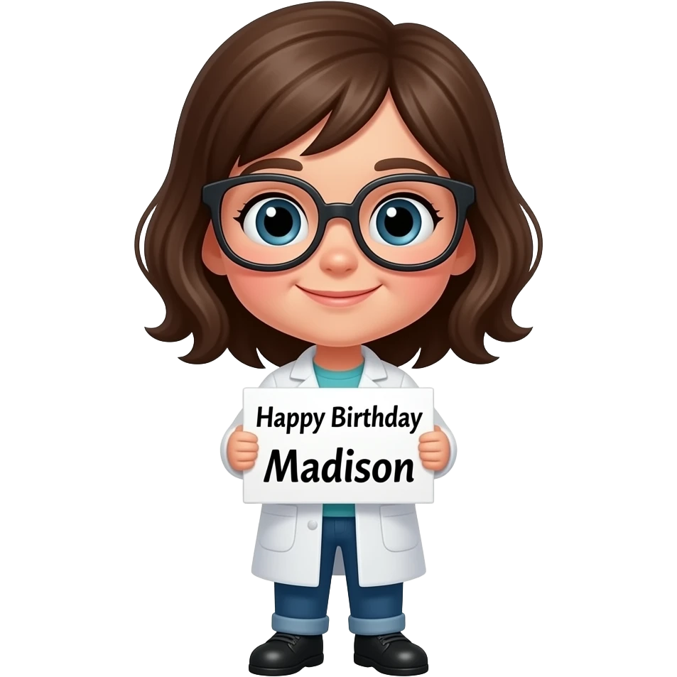 LITTLE GIRL  SCIENTIST STANDING IHOLDING SIGN HAPPY BIRTHDAY mADISON emoji