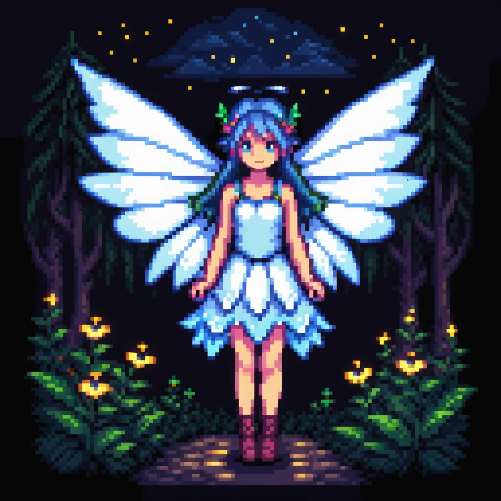 fairy with wings, night scene, glowing wings emoji