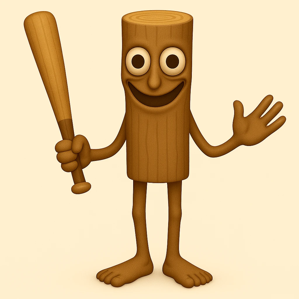 Make the stump character much skinnier and longer, with a face that is even creepier—large, wide, staring eyes and an exaggerated unsettling smile, closely matching the new reference image. Keep arms and legs, holding a baseball bat. Render in emoji style. emoji