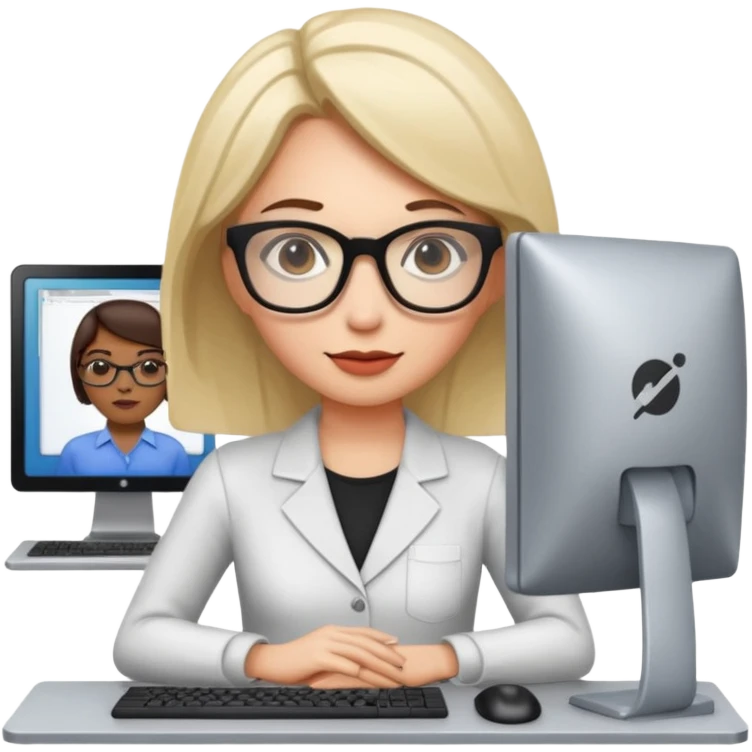a woman developer in a meeting with others developers, in the background a mainframe computer emoji