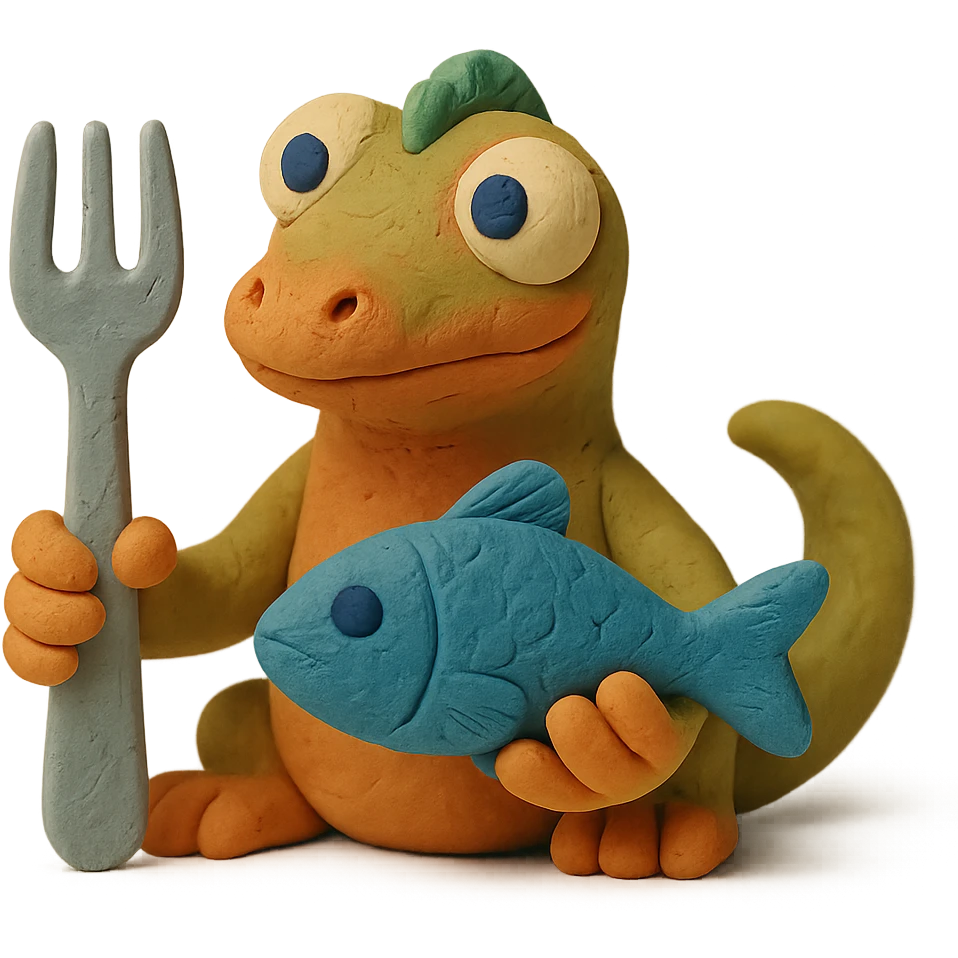lizard holding a fork and a fish emoji