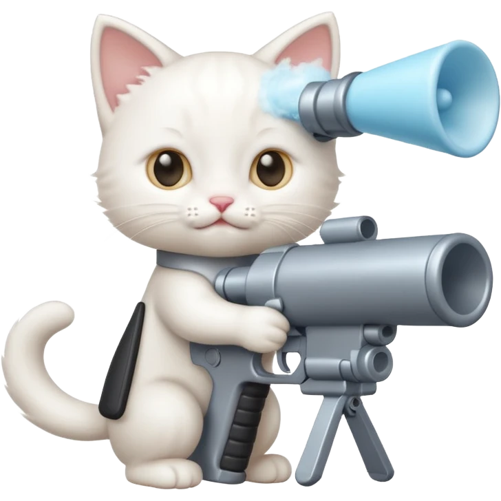 реалистичный белый котенок стреляющий из пороховой большой пушки тортиком emoji