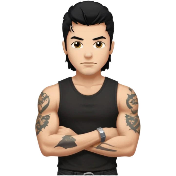 a guy with mullet and tattoos. Black hair.lean but Muscled. wearing a black sleeveless tee emoji