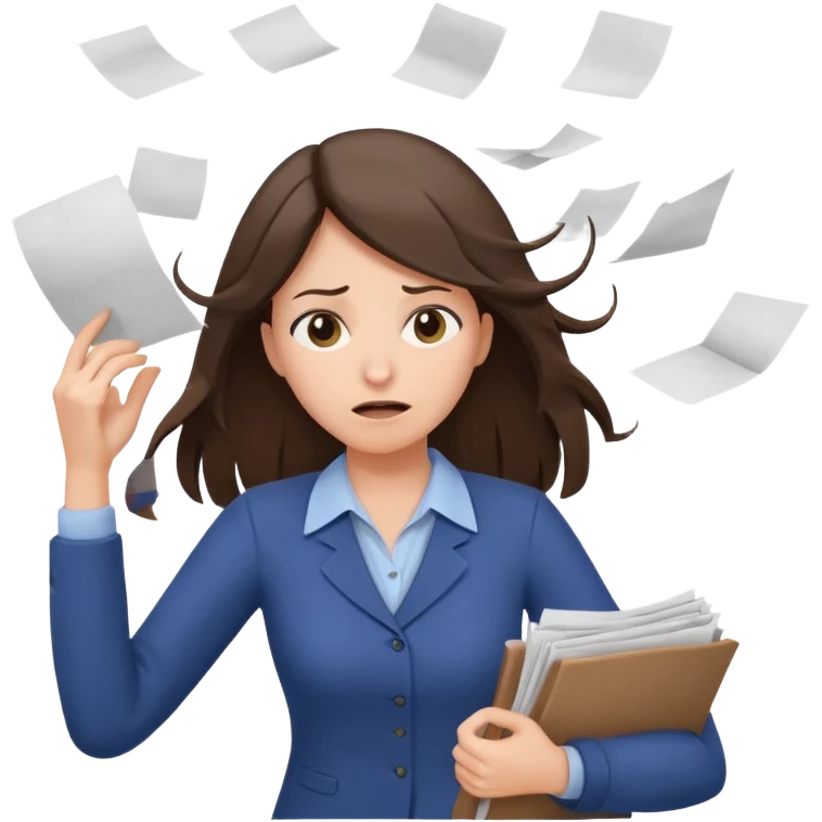 female teacher pulling her hair with stressed face, papers flying everywhere, brunette emoji