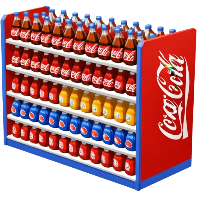 3D warehouse shelf with Coca-Cola, Pepsi, Fanta bottles and products, 
organized retail shelves, colorful product packages, store inventory, 
transparent background, emoji style, realistic, isometric view emoji