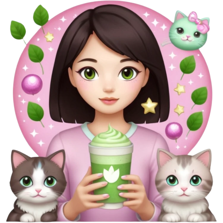 asian girl with shoart dark brown hair with a soft girl pink glowup aesthetic. matcha latte sparkles girly things, 2 ragdoll cats, skincare, makeup, money, luxury emoji