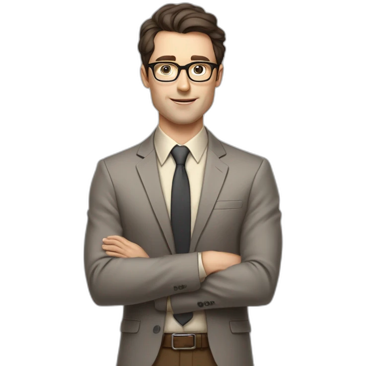 Pale skinned fit man with dark brown hair in gray jacket, beige office shirt, brown tie, brown pants and vintage glasses Writing text on the flipchart emoji