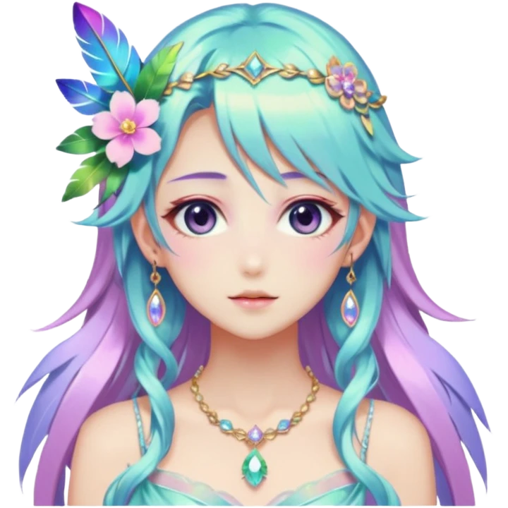 Beautiful gorgeous anime lady with beautiful iridescent-special-hair, fashion aesthetic, ethereal, fairycore, pastelcore, feather, flower, gems, accessories, jewelries, gold, colorful emoji