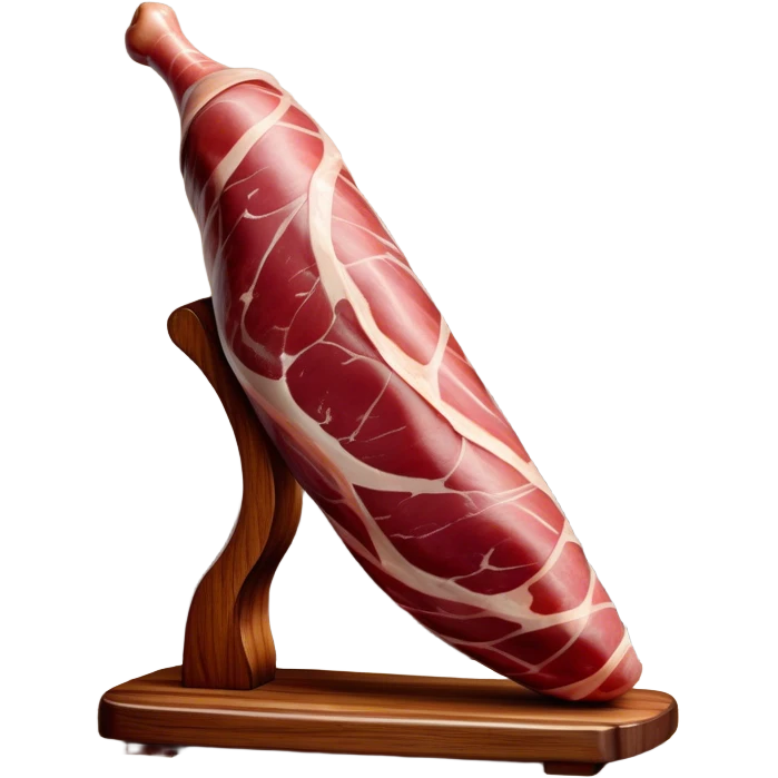 ​Cinematic Realistic Spanish Jamón Leg, depicted as a massive, cured leg of Jamón serrano (ham) with a deep reddish-brown hue, intricately marbled and slightly glossy with age, elegantly displayed on a rustic wooden stand and bathed in warm, soft lighting that accentuates its artisanal heritage, emoji