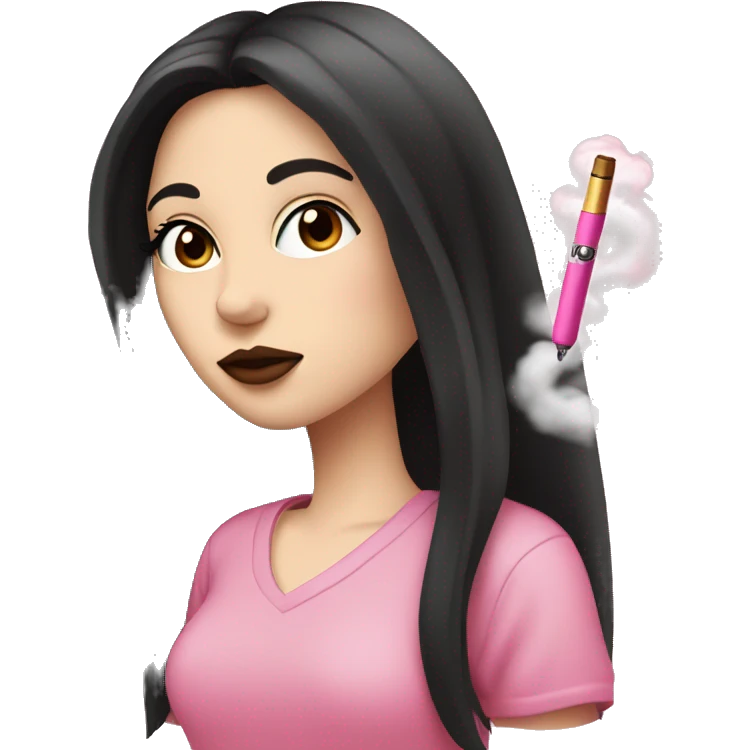 Pale girl with long black hair and brown eyes smoking a pink vape pen with hearts on it emoji