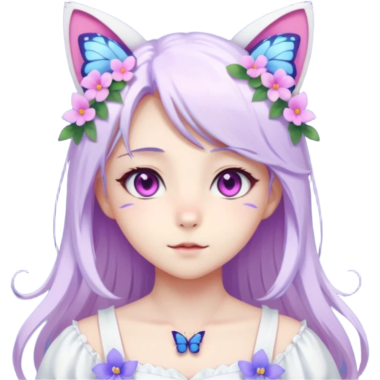 female anime character with pink eyes long white hair periwinkle highlights and cat ears on her head. She is wearing a white dress with purple flowers and butterfly. emoji