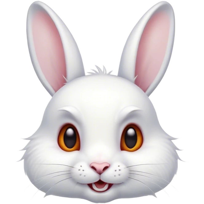 Cinematic Comical White Rabbit Portrait Emoji, Head tilted dramatically with an exaggeratedly amused expression, featuring a pristine white fur with perky, expressive ears and wide, playful dark eyes filled with disbelief, Simplified yet hilariously expressive features, highly detailed, glowing with a slightly sassy glow, high shine, dramatic yet playful, stylized with an air of cheeky mischief, bright and endearing, soft glowing outline, capturing the essence of a spirited and over-the-top bunny, so meme-worthy it feels like it could side-eye its way into internet fame instantly! emoji