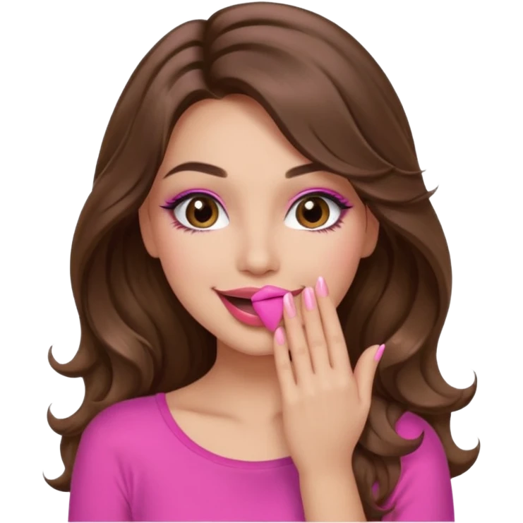 girl with long wavy brown hair, brown eyes, long lashes makeup, sexy pink lips, light to medium complexion, pink sexy top, smiling, hand covering mouth emoji
