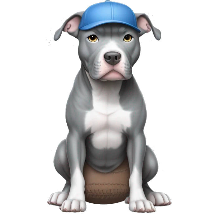 Blue nose pitbull all gray no white in color with blue eyes. Dog must be wearing a baseball hat. Don't generate a body just the head. emoji