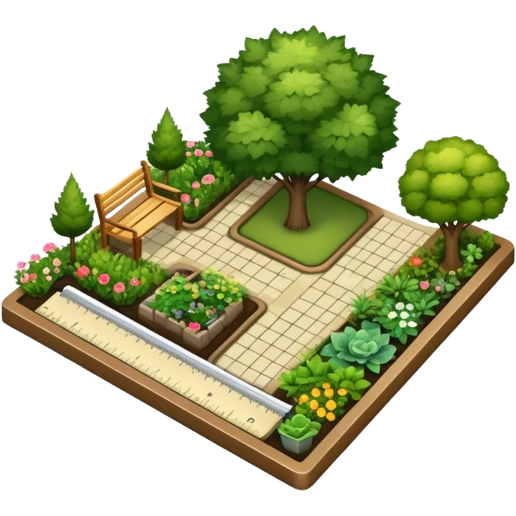 Icon for Landscape Design: a garden layout with trees, plants, pathways, and outdoor furniture, along with design tools like a ruler and sketchpad. The icon should represent the creativity and planning behind landscape design. Transparent background. emoji