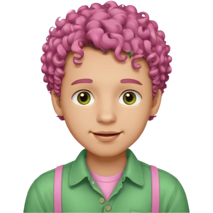 emoji of a young man with light skin, big brown eyes, soft smile with braces, full pink lips, curly hair, warm gaze, wearing a green buttoned-up shirt emoji