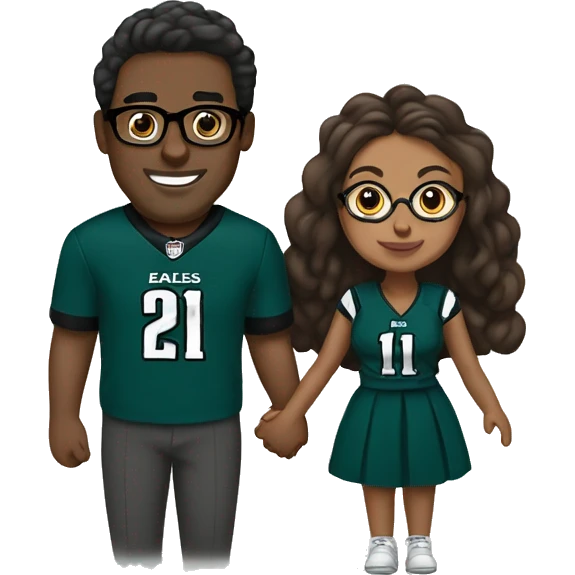 Brown guy and brown girl with glasses and hair in a bun in Philadelphia eagles clothes holding hands emoji
