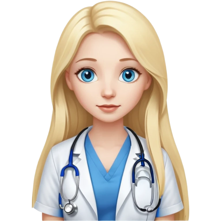 pretty woman with pale skin and who has BLUE eyes and very long blonde hair with a stethoscope around her nexk emoji