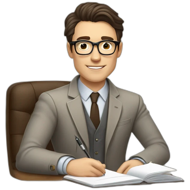 Pale skinned Fit Man With dark brown hair in gray jacket, beige office shirt, Brown pants and vintage glasses sitting In a soft chair with a notebook on spring with emblem Ψ and a pen emoji