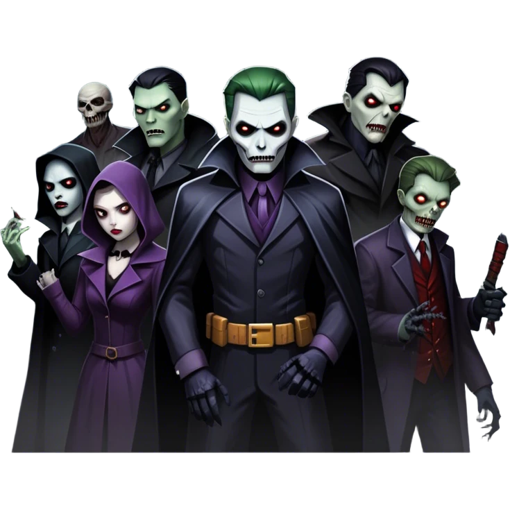 Icon for Thriller Movies: A large, dramatic collage featuring sinister villains and zombies in dark clothing. The background shows the gloomy cityscape of Gotham with dim lighting and eerie shadows. The atmosphere should be tense, mysterious, and suspenseful. Transparent background. emoji