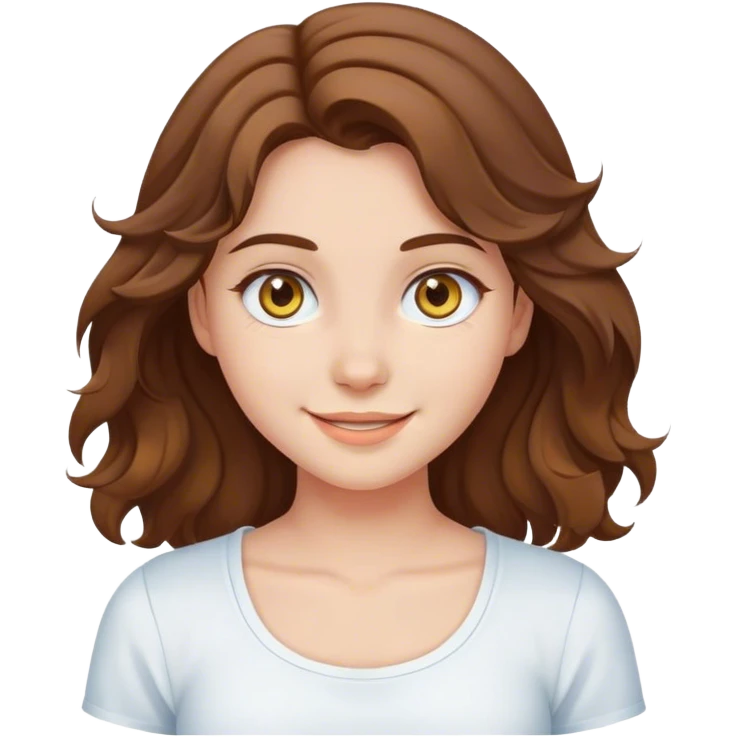 girl with brown wavy hair and bluey yellowish eyes cute smiling, wearing white top emoji