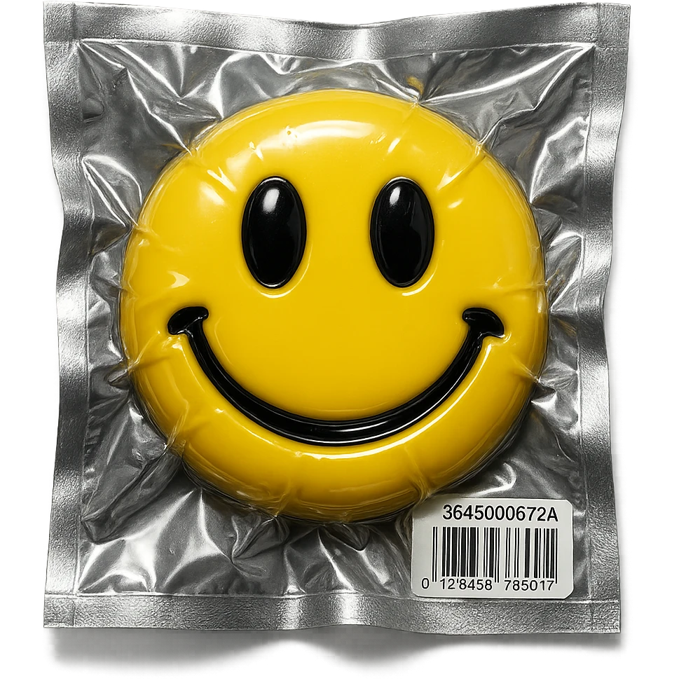 smiley face with shiny and squished look, vacuum-sealed style emoji