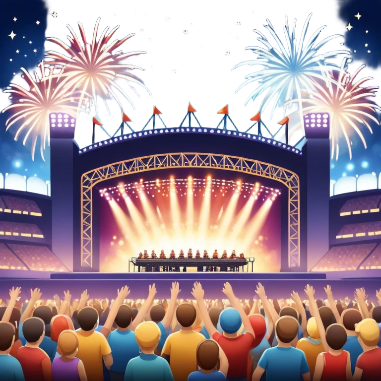 An icon showing a stadium stage with a concert in full swing, bright stage lights illuminating the performers, and fireworks bursting in the sky. The excitement of the crowd is palpable, symbolizing a love for live music and unforgettable shows. transparent background. emoji