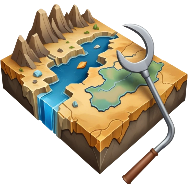 An icon featuring a crowbar and a geological map, and layers of Earth’s crust, symbolizing geology. The design includes mineral samples, fossils, and tectonic plates, representing the study of Earth’s structure and natural processes. Transparent background highlights geological exploration emoji