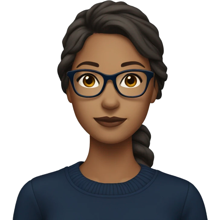 Tan girl in a navy blue sweater with medium length dark brown hair and clear glasses emoji