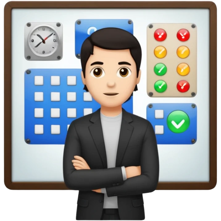 silhouette of a light-haired man standing next to a project board emoji