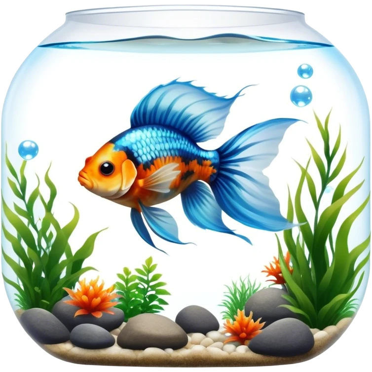 Large aquarium fish like veil tails and lionhead goldfish swimming gracefully in a beautifully decorated aquarium. Colorful aquatic plants, smooth rocks, and gentle bubbles surround the fish. The water shimmers in sunlight, creating a peaceful and vibrant underwater scene. Transparent background. emoji