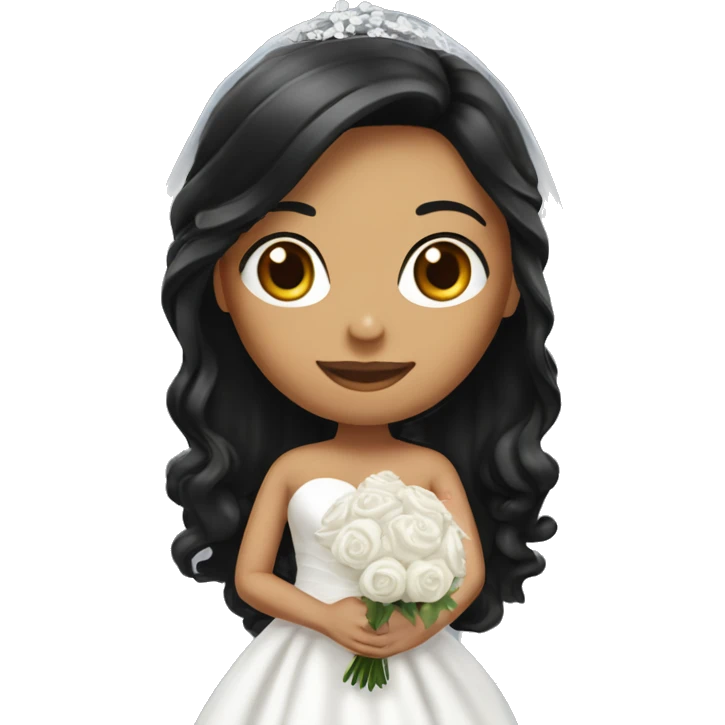 Bride with black long hair and black long Dress. And white long veil. And white bouquet in hand emoji