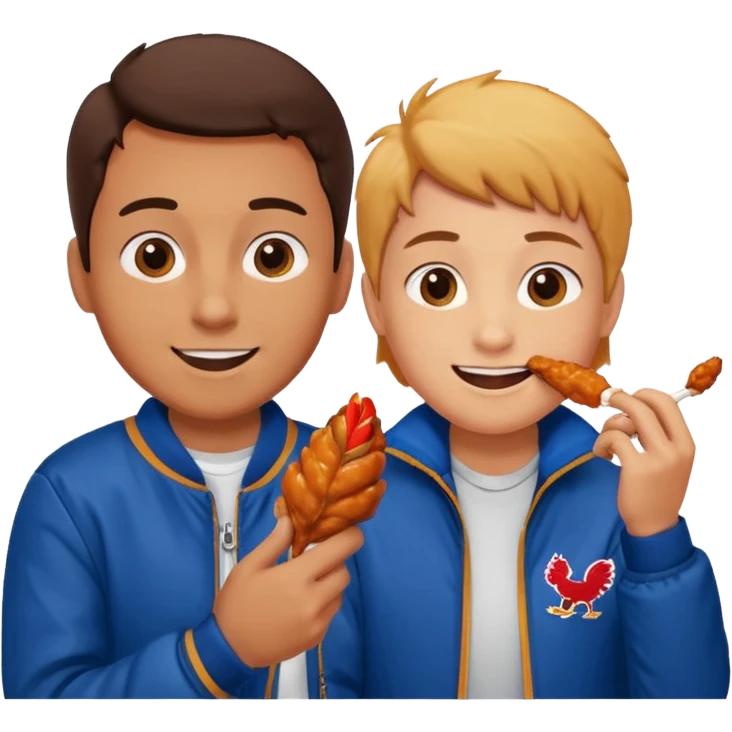 Human eating a chicken wing while watching hockey wearing a jacket with his friend smiling beside him. emoji