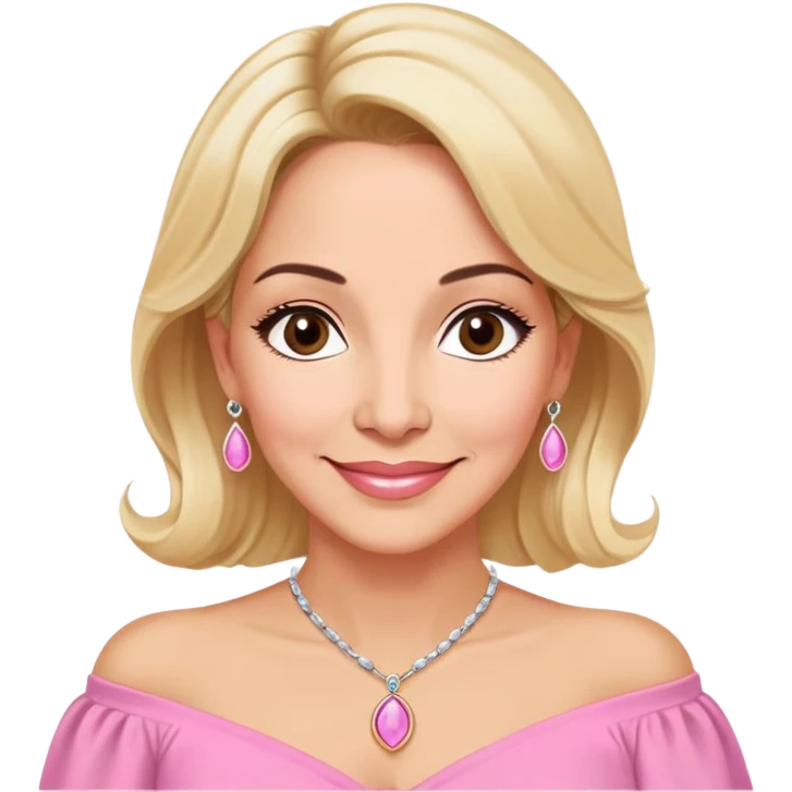 Warm-hearted Linette Torres, Puerto Rican actress in her 50s with light skin, loving expression, gentle eyes, sweet smile, elegant blonde hair, wearing a pink off-shoulder blouse and a pendant necklace emoji