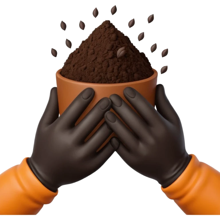 A 3D cartoon pair of gloved hands holding rich dark soil, small bits falling between fingers, bright garden background, soft light, Memoji-style realism. emoji