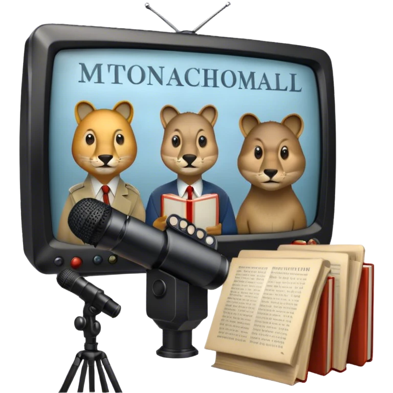 Icon for Documentary TV Show: A TV screen with a microphone, books, historical documents and scientific symbols. Include roaring animals, interview setup with a camera and a serious-looking news anchor or narrator. Transparent background. emoji