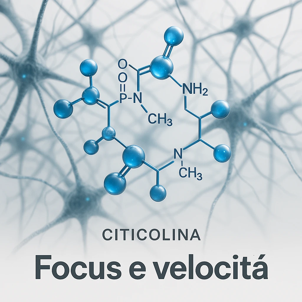 Citicolina come neurotrasmettitore per il focus, iper realistico, molecola blu che attraversa una rete neurale, scritta 'Focus e velocità', atmosfera scientifica, sfondo bianco emoji