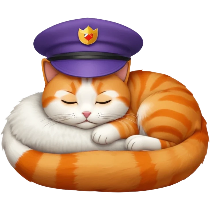 emoji of sleeping cat, its pose is lying, it has on his head FedEx uniform cap emoji
