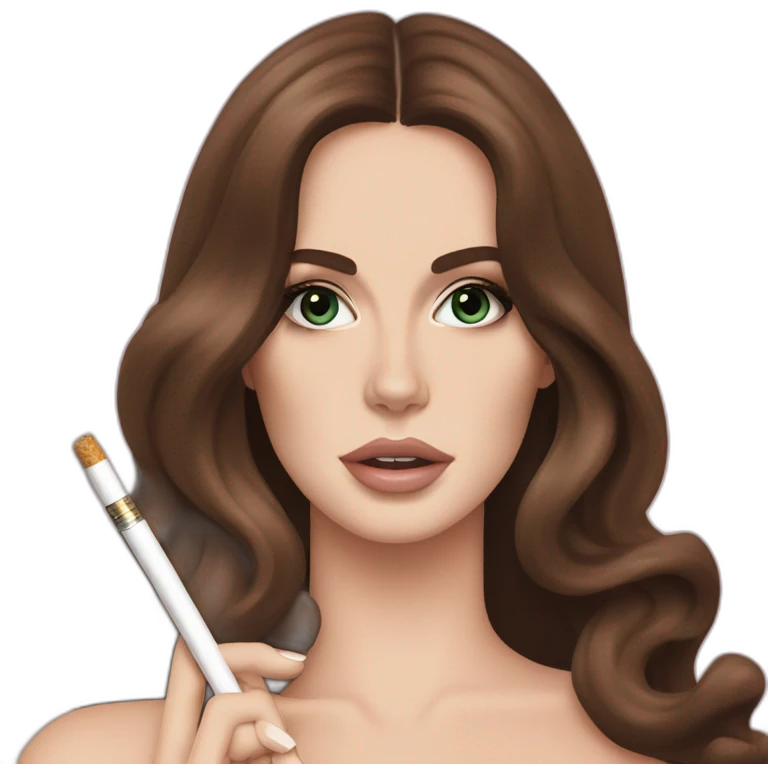 Lana del rey, charismatic, makeup, her eyes half open, holding her cigaret with long hair emoji
